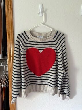 Old Navy Cream & Black Striped Sweater with Red Heart Motif
